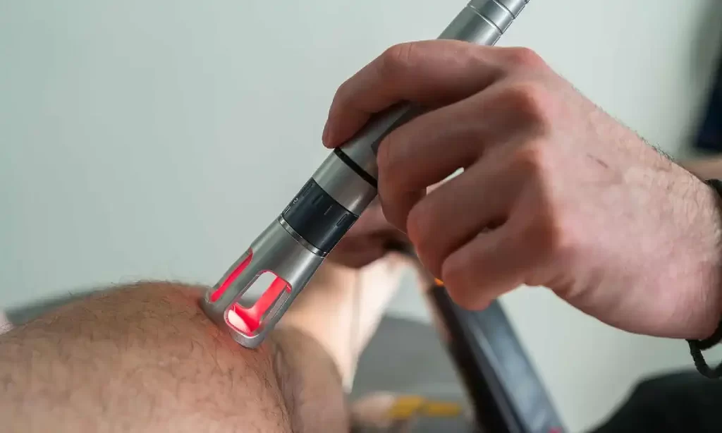 Close-up of laser treatment being applied to the skin for medical or cosmetic therapy