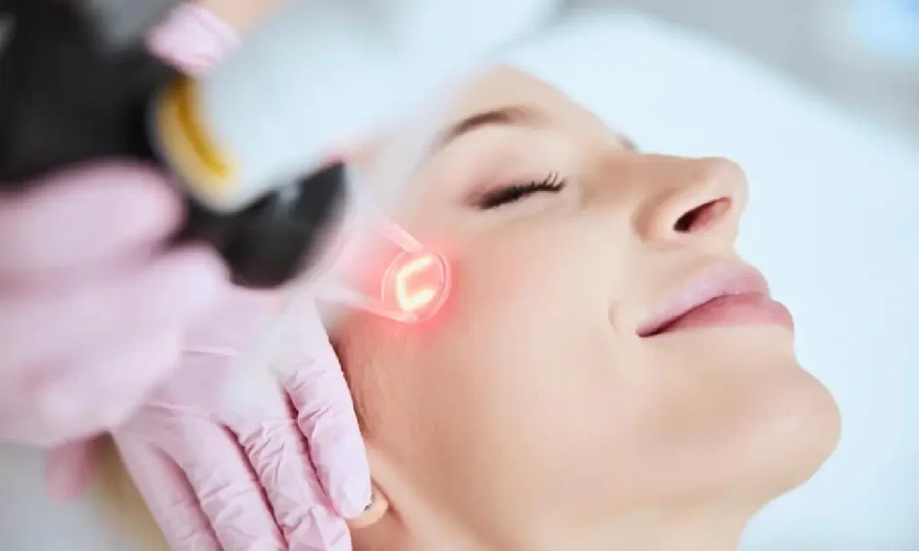 Laser facial treatment being performed on a woman's cheek at Emara Skin Clinic