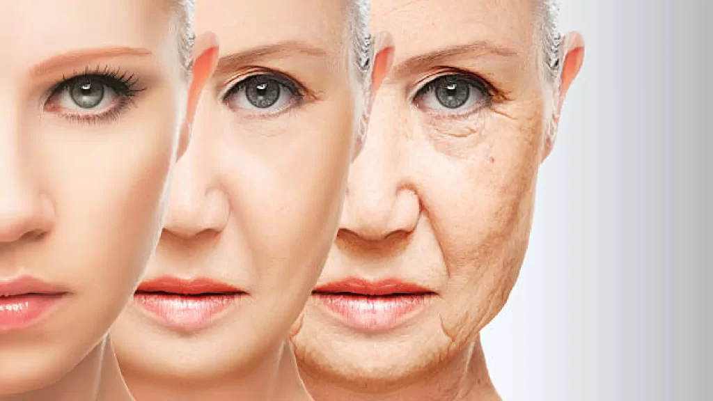 Anti-ageing face transformation showing youthful to aged skin results