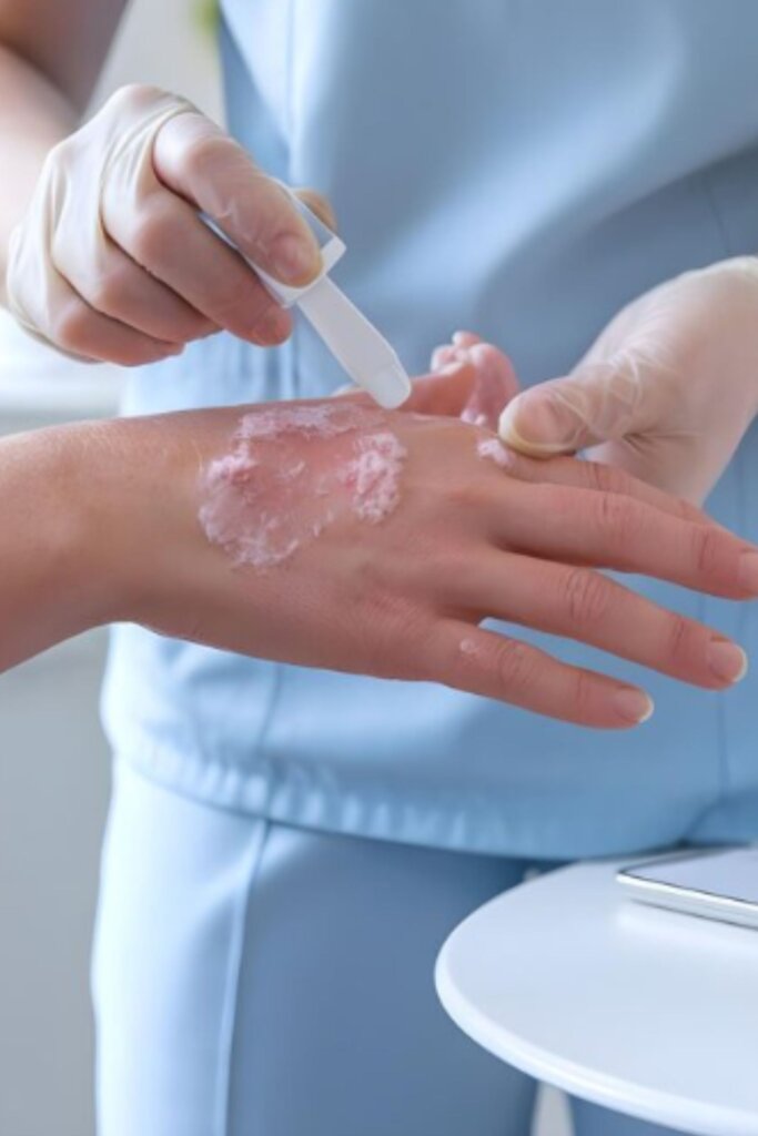 Dermatologist applying cream on hand eczema patch – eczema treatment at Emara Skin Care